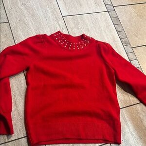 CeCe Red Embellished Crew Neck Sweater